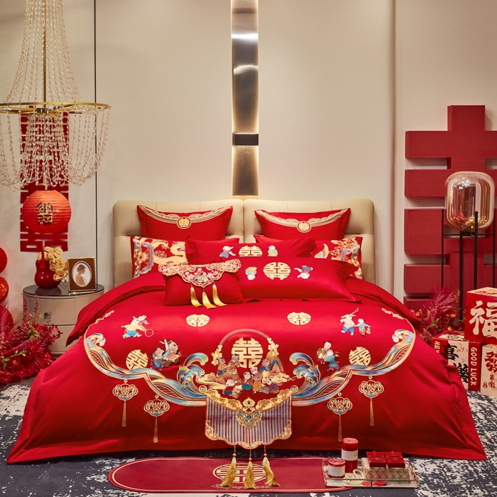 东方合美（原：皇家传奇） 2025新款新中式纯棉刺绣长绒棉四件套 百子贺喜