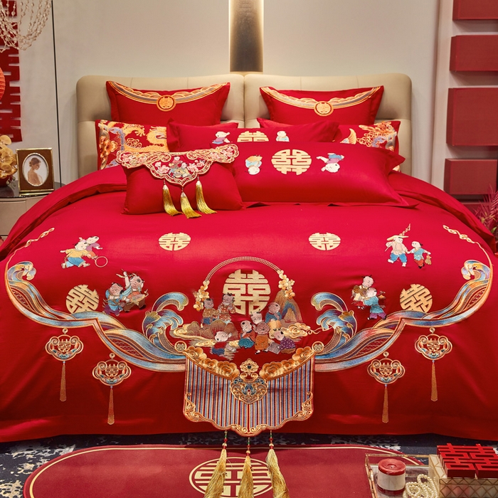 91家纺网 家纺一手货源 找家纺 东方合美（原：皇家传奇） 2025新款新中式纯棉刺绣长绒棉四件套 百子贺喜