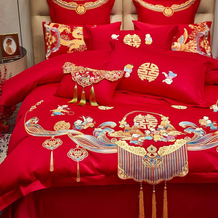 91家纺网 家纺一手货源 找家纺 东方合美（原：皇家传奇） 2025新款新中式纯棉刺绣长绒棉四件套 百子贺喜
