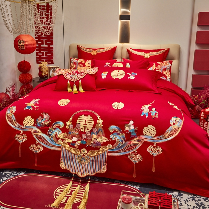 91家纺网 家纺一手货源 找家纺 东方合美（原：皇家传奇） 2025新款新中式纯棉刺绣长绒棉四件套 百子贺喜