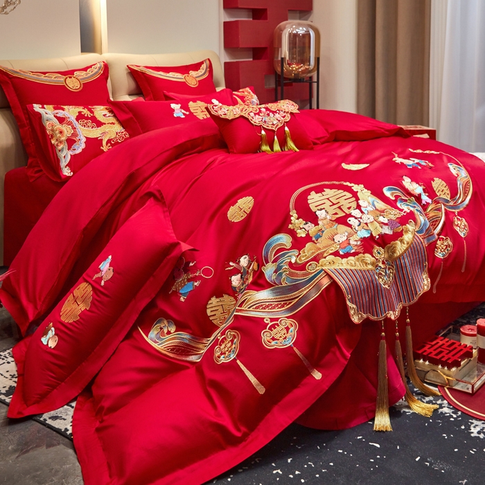 91家纺网 家纺一手货源 找家纺 东方合美（原：皇家传奇） 2025新款新中式纯棉刺绣长绒棉四件套 百子贺喜