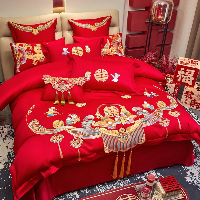 91家纺网 家纺一手货源 找家纺 东方合美（原：皇家传奇） 2025新款新中式纯棉刺绣长绒棉四件套 百子贺喜