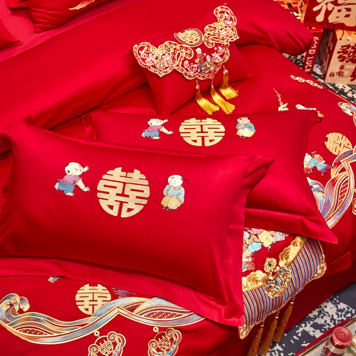 91家纺网 家纺一手货源 找家纺 东方合美（原：皇家传奇） 2025新款新中式纯棉刺绣长绒棉四件套 百子贺喜