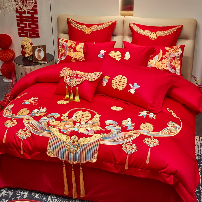 91家纺网 家纺一手货源 找家纺 东方合美（原：皇家传奇） 2025新款新中式纯棉刺绣长绒棉四件套 百子贺喜