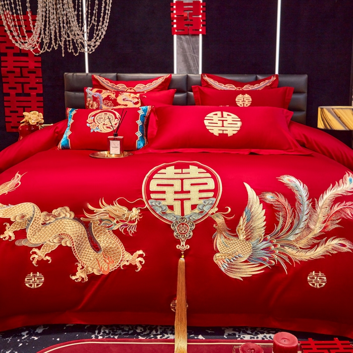 91家纺网 家纺一手货源 找家纺 东方合美（原：皇家传奇） 2025新款新中式纯棉刺绣长绒棉四件套 龙凤喜韵