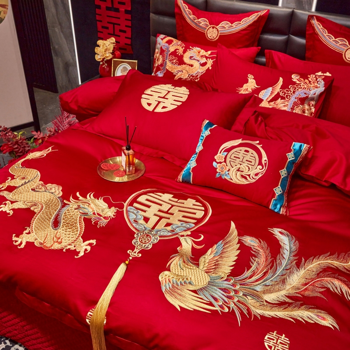 91家纺网 家纺一手货源 找家纺 东方合美（原：皇家传奇） 2025新款新中式纯棉刺绣长绒棉四件套 龙凤喜韵