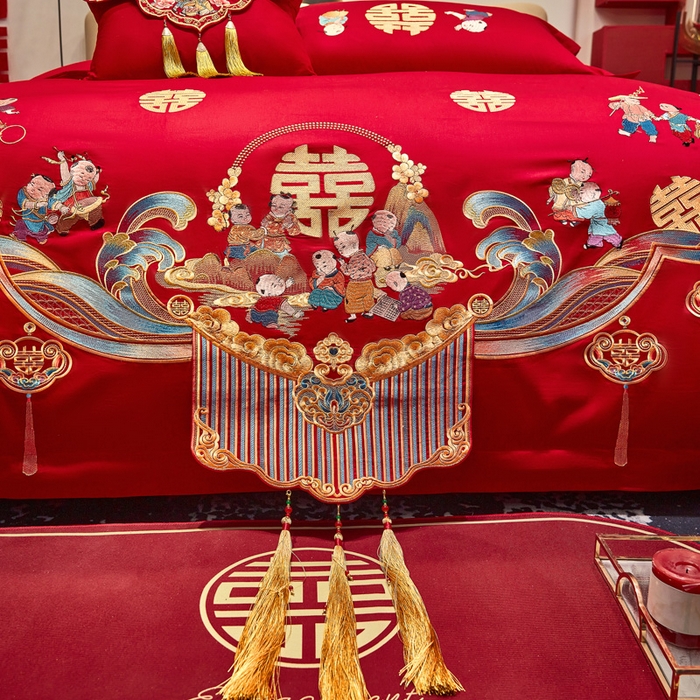 91家纺网 家纺一手货源 找家纺 东方合美（原：皇家传奇） 2025新款新中式纯棉刺绣长绒棉四件套 百子贺喜