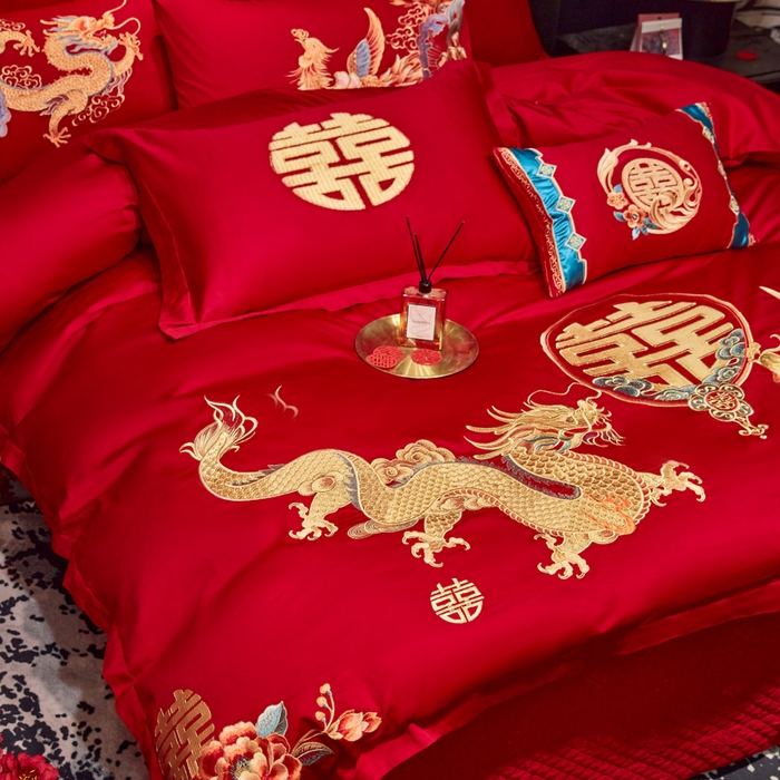 91家纺网 家纺一手货源 找家纺 东方合美（原：皇家传奇） 2025新款新中式纯棉刺绣长绒棉四件套 龙凤喜韵