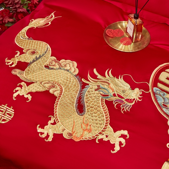 91家纺网 家纺一手货源 找家纺 东方合美（原：皇家传奇） 2025新款新中式纯棉刺绣长绒棉四件套 龙凤喜韵