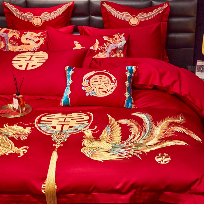91家纺网 家纺一手货源 找家纺 东方合美（原：皇家传奇） 2025新款新中式纯棉刺绣长绒棉四件套 龙凤喜韵