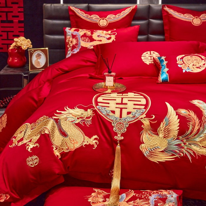 91家纺网 家纺一手货源 找家纺 东方合美（原：皇家传奇） 2025新款新中式纯棉刺绣长绒棉四件套 龙凤喜韵