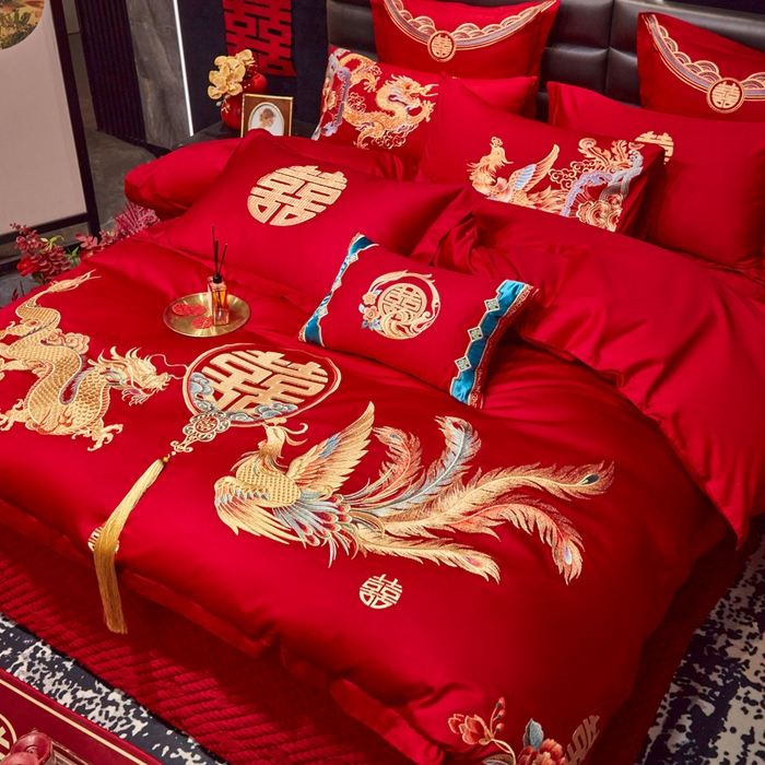 91家纺网 家纺一手货源 找家纺 东方合美（原：皇家传奇） 2025新款新中式纯棉刺绣长绒棉四件套 龙凤喜韵