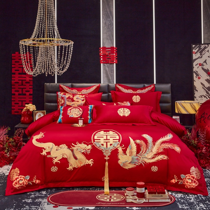 东方合美（原：皇家传奇） 2025新款新中式纯棉刺绣长绒棉四件套 龙凤喜韵