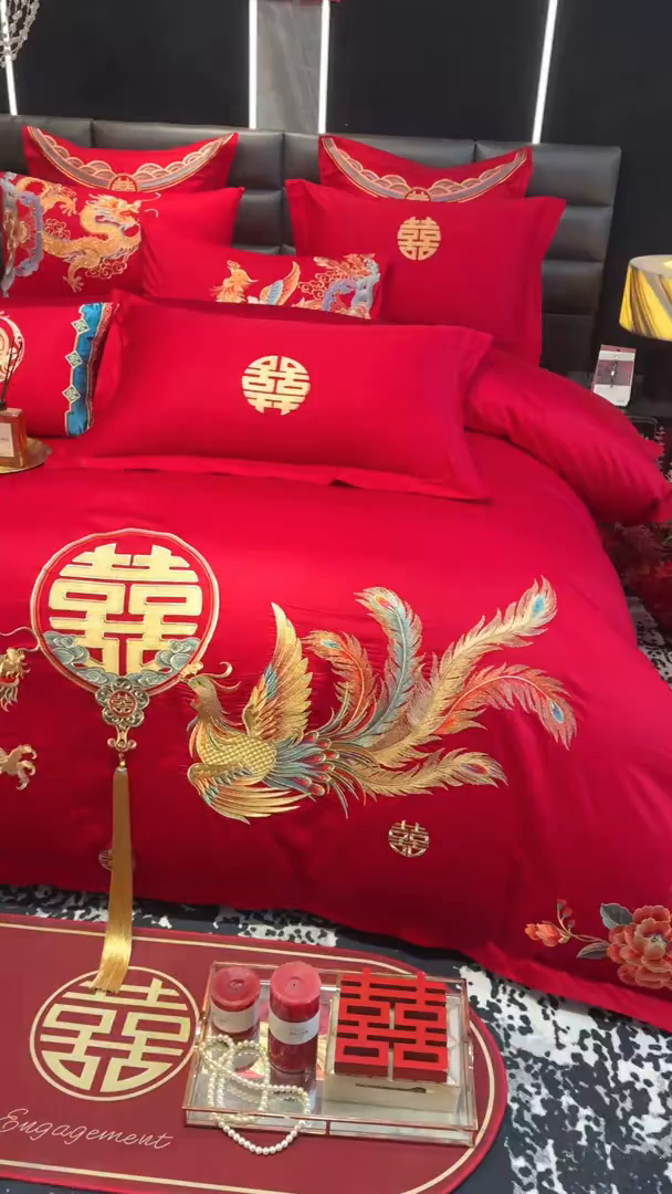 91家纺网 家纺一手货源 找家纺 东方合美（原：皇家传奇） 2025新款新中式纯棉刺绣长绒棉四件套 龙凤喜韵