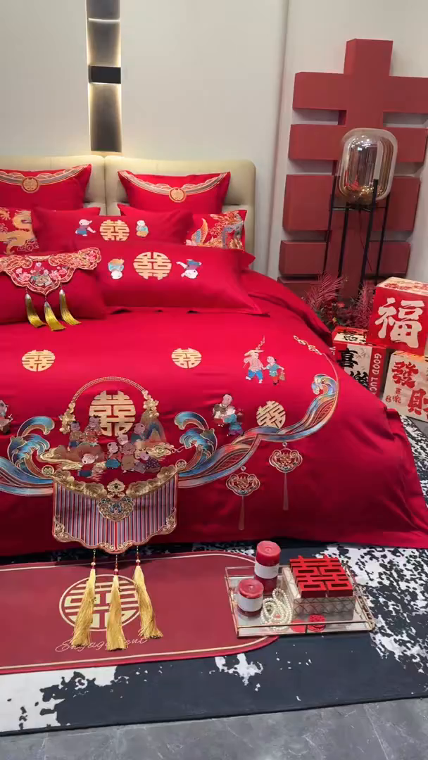 91家纺网 家纺一手货源 找家纺 东方合美（原：皇家传奇） 2025新款新中式纯棉刺绣长绒棉四件套 百子贺喜