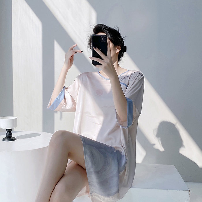洛蘭沙家居館 2025新款睡衣女夏季冰絲短袖襯衫裙睡裙春秋外穿高級感水墨家居服二 款式六