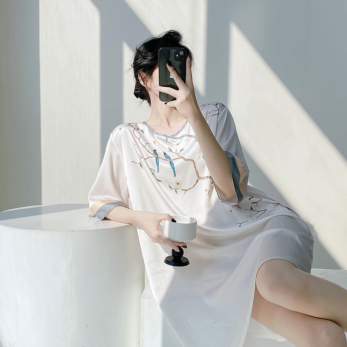洛蘭沙家居館 2025新款睡衣女夏季冰絲短袖襯衫裙睡裙春秋外穿高級感水墨家居服二 款式十一
