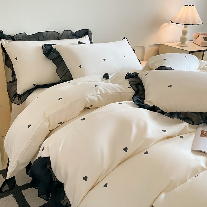 91家纺网 家纺一手货源 找家纺 绒世界 2025新款小清新美拉德水洗冰丝套件四件套 爱心