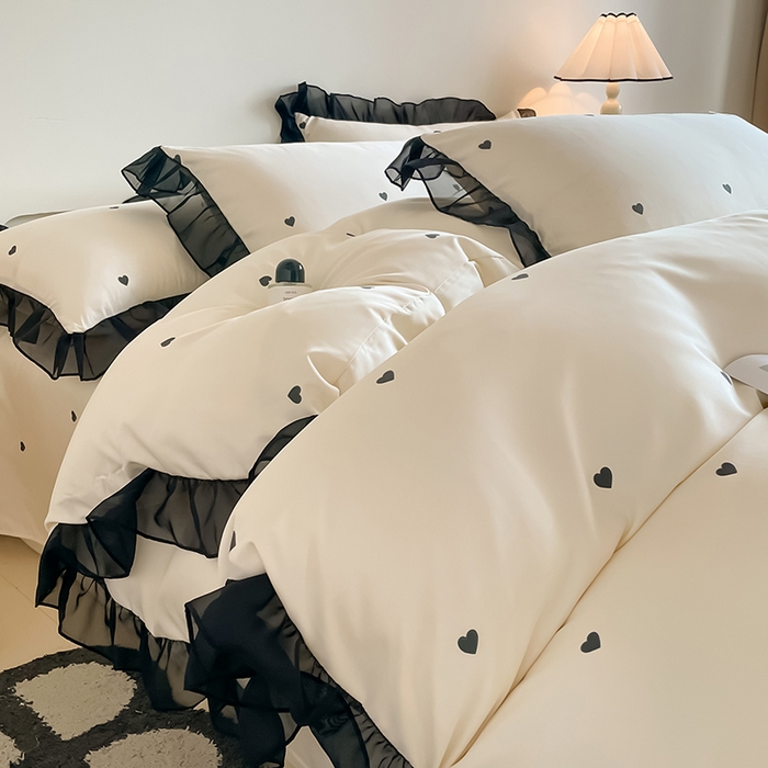 91家纺网 家纺一手货源 找家纺 绒世界 2025新款小清新美拉德水洗冰丝套件四件套 爱心