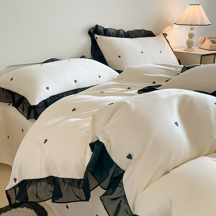 91家纺网 家纺一手货源 找家纺 绒世界 2025新款小清新美拉德水洗冰丝套件四件套 爱心