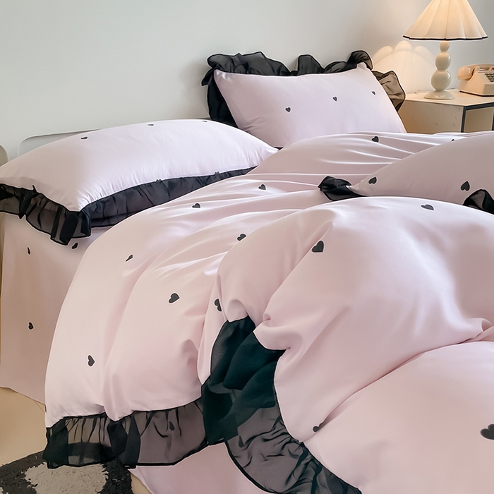 91家纺网 家纺一手货源 找家纺 绒世界 2025新款小清新美拉德水洗冰丝套件四件套 爱心-粉