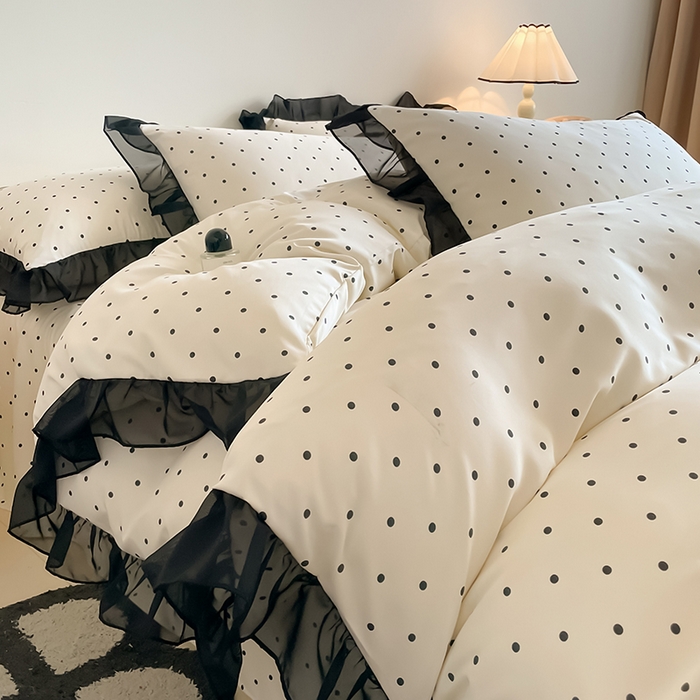 91家纺网 家纺一手货源 找家纺 绒世界 2025新款小清新美拉德水洗冰丝套件四件套 波点