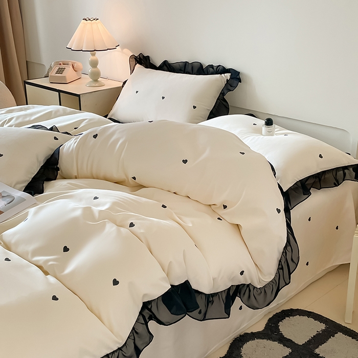 91家纺网 家纺一手货源 找家纺 绒世界 2025新款小清新美拉德水洗冰丝套件四件套 爱心