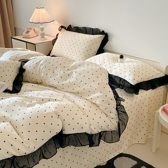 91家纺网 家纺一手货源 找家纺 绒世界 2025新款小清新美拉德水洗冰丝套件四件套 波点