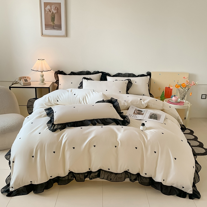 91家纺网 家纺一手货源 找家纺 绒世界 2025新款小清新美拉德水洗冰丝套件四件套 爱心