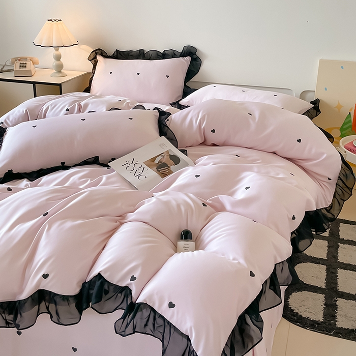 91家纺网 家纺一手货源 找家纺 绒世界 2025新款小清新美拉德水洗冰丝套件四件套 爱心-粉