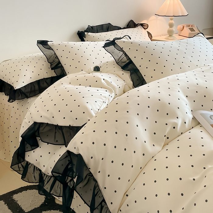 91家纺网 家纺一手货源 找家纺 绒世界 2025新款小清新美拉德水洗冰丝套件四件套 波点