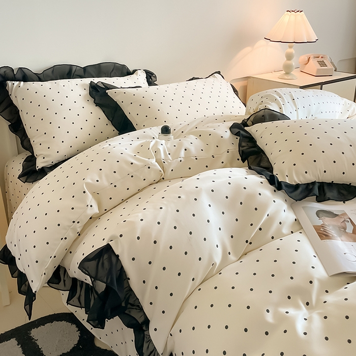 91家纺网 家纺一手货源 找家纺 绒世界 2025新款小清新美拉德水洗冰丝套件四件套 波点