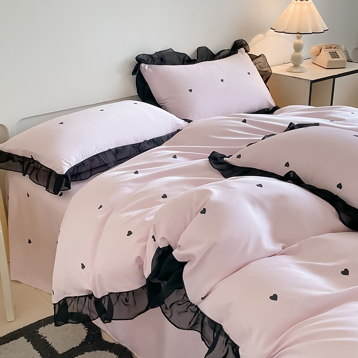 91家纺网 家纺一手货源 找家纺 绒世界 2025新款小清新美拉德水洗冰丝套件四件套 爱心-粉