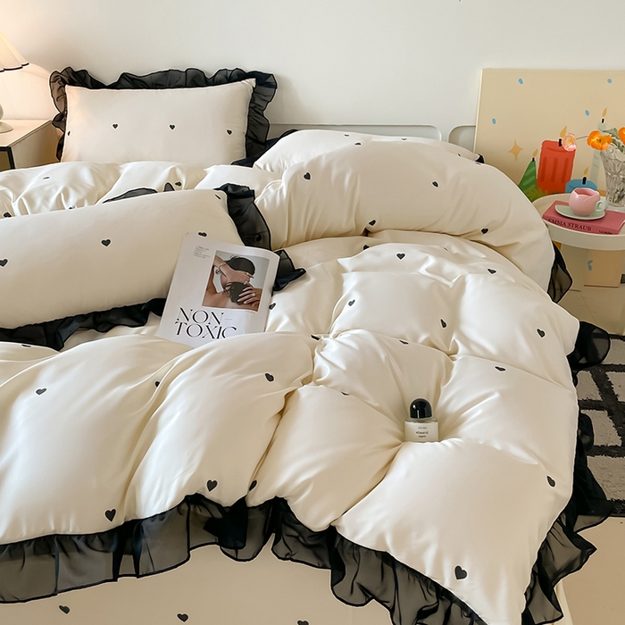 91家纺网 家纺一手货源 找家纺 绒世界 2025新款小清新美拉德水洗冰丝套件四件套 爱心