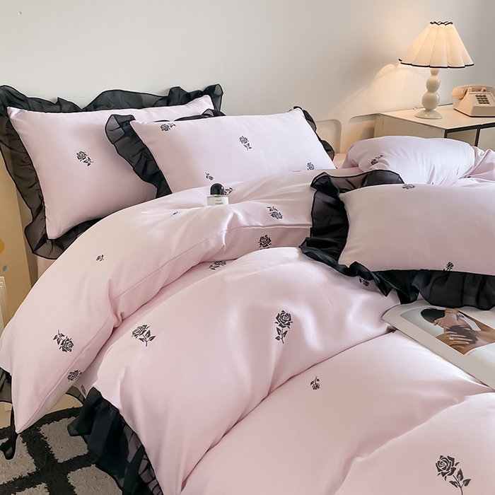 91家纺网 家纺一手货源 找家纺 绒世界 2025新款小清新美拉德水洗冰丝套件四件套 玫瑰-粉