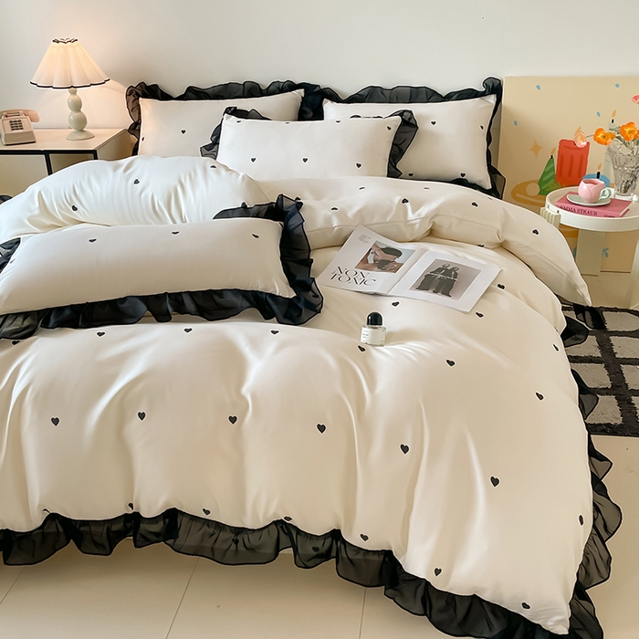 91家纺网 家纺一手货源 找家纺 绒世界 2025新款小清新美拉德水洗冰丝套件四件套 爱心