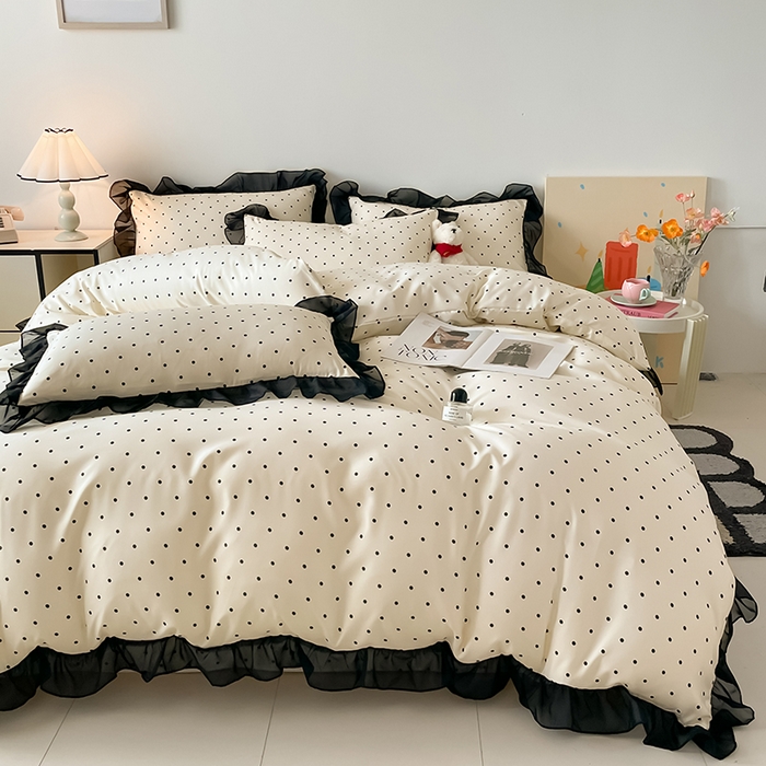 91家纺网 家纺一手货源 找家纺 绒世界 2025新款小清新美拉德水洗冰丝套件四件套 波点