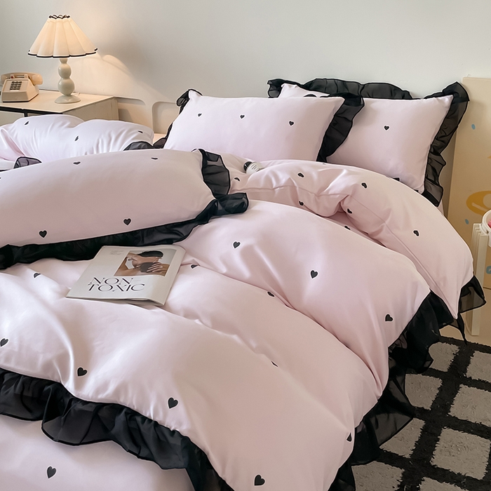 91家纺网 家纺一手货源 找家纺 绒世界 2025新款小清新美拉德水洗冰丝套件四件套 爱心-粉