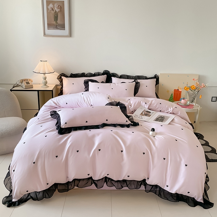 91家纺网 家纺一手货源 找家纺 绒世界 2025新款小清新美拉德水洗冰丝套件四件套 爱心-粉