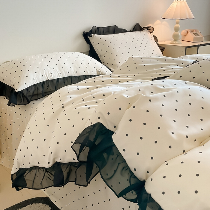 91家纺网 家纺一手货源 找家纺 绒世界 2025新款小清新美拉德水洗冰丝套件四件套 波点