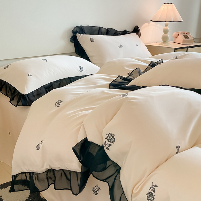 91家纺网 家纺一手货源 找家纺 绒世界 2025新款小清新美拉德水洗冰丝套件四件套 玫瑰