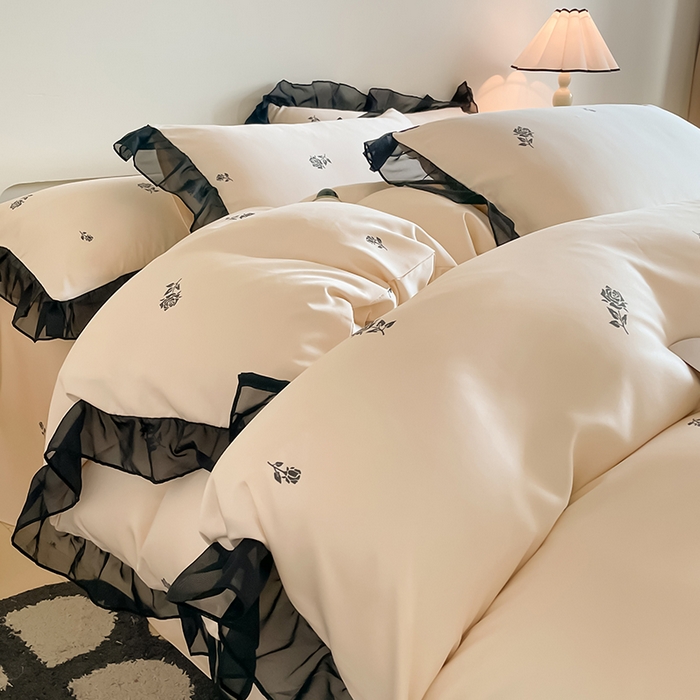 91家纺网 家纺一手货源 找家纺 绒世界 2025新款小清新美拉德水洗冰丝套件四件套 玫瑰