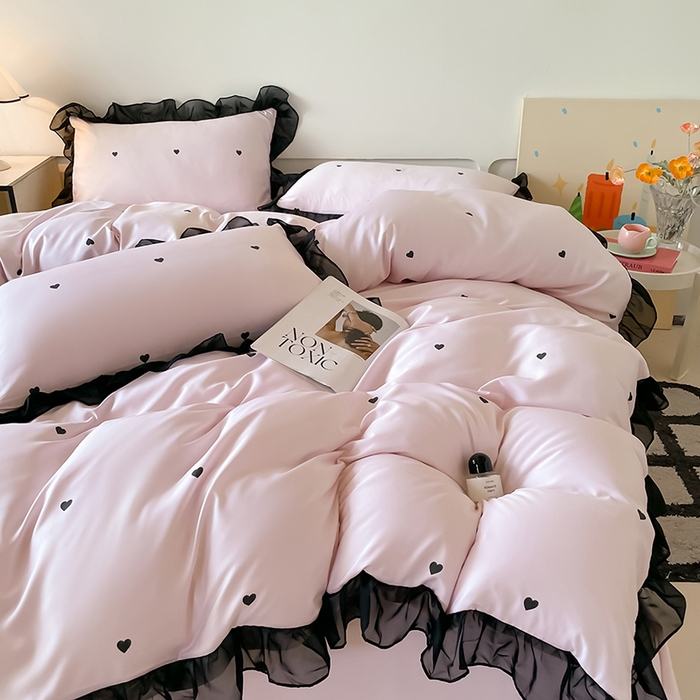 91家纺网 家纺一手货源 找家纺 绒世界 2025新款小清新美拉德水洗冰丝套件四件套 爱心-粉