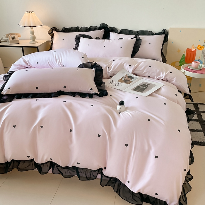 91家纺网 家纺一手货源 找家纺 绒世界 2025新款小清新美拉德水洗冰丝套件四件套 爱心-粉