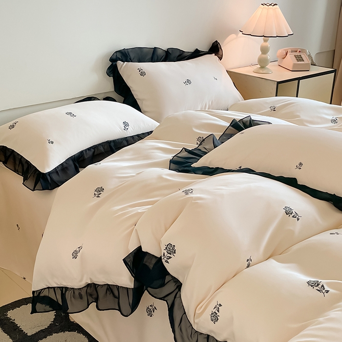 91家纺网 家纺一手货源 找家纺 绒世界 2025新款小清新美拉德水洗冰丝套件四件套 玫瑰