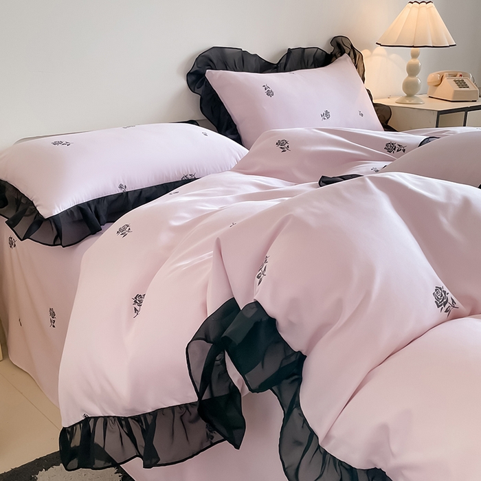 91家纺网 家纺一手货源 找家纺 绒世界 2025新款小清新美拉德水洗冰丝套件四件套 玫瑰-粉