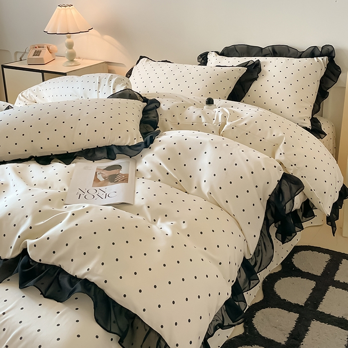 91家纺网 家纺一手货源 找家纺 绒世界 2025新款小清新美拉德水洗冰丝套件四件套 波点