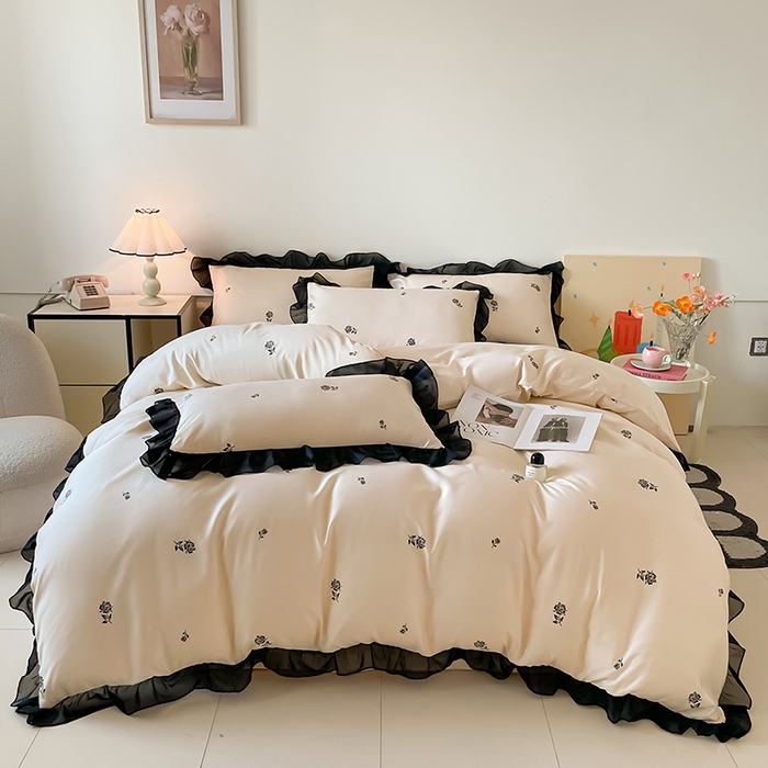 91家纺网 家纺一手货源 找家纺 绒世界 2025新款小清新美拉德水洗冰丝套件四件套 玫瑰