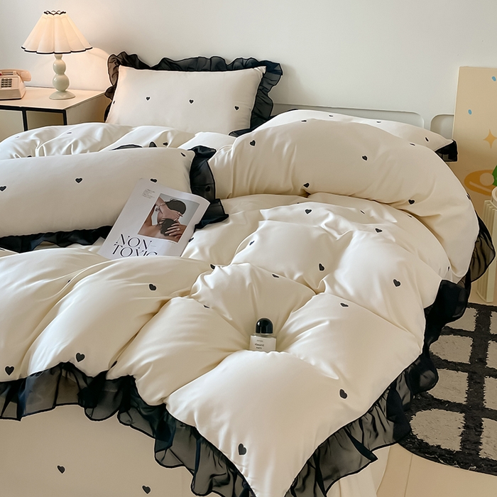 91家纺网 家纺一手货源 找家纺 绒世界 2025新款小清新美拉德水洗冰丝套件四件套 爱心