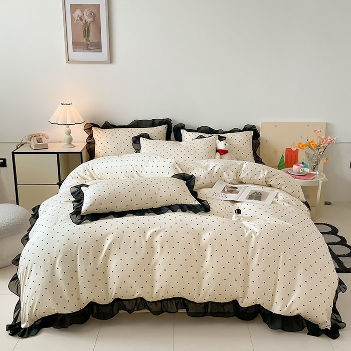 91家纺网 家纺一手货源 找家纺 绒世界 2025新款小清新美拉德水洗冰丝套件四件套 波点